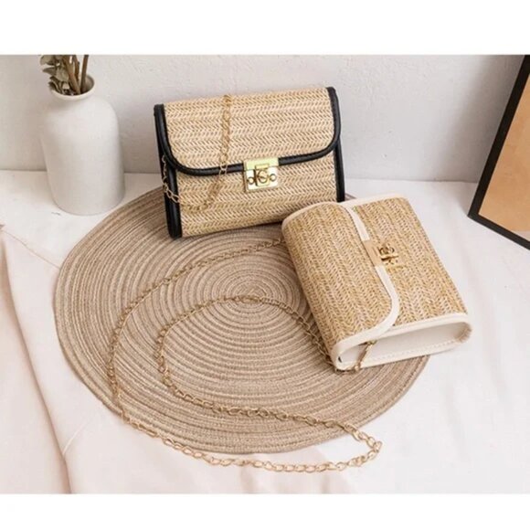 2/$30 Woven Small Crossbody Straw Bag Beige & Black Purse Clutch Gold Chain - Picture 7 of 9